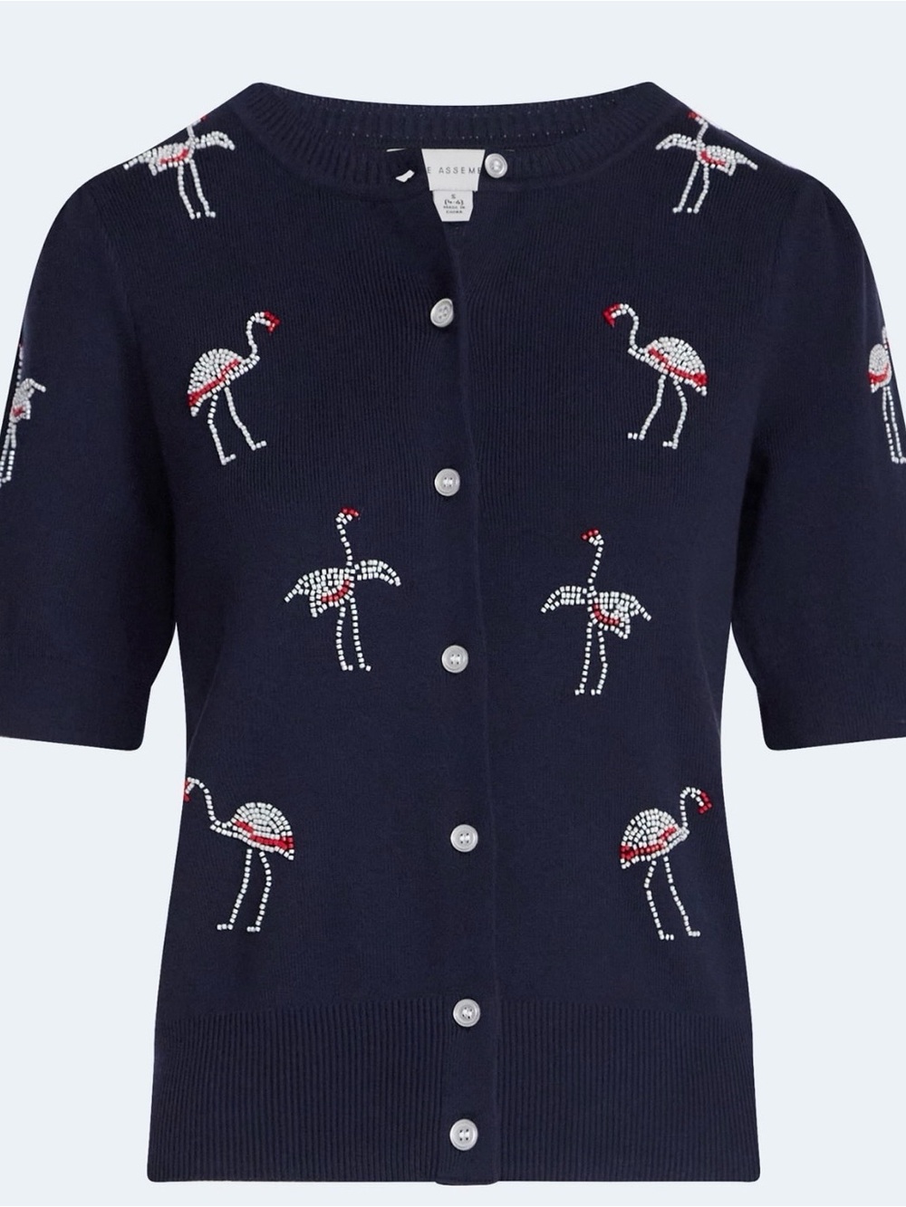 Navy Short-Sleeve Embellished Flamingo Cardigan